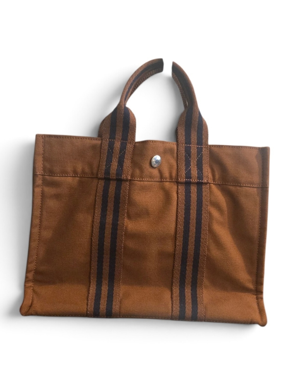Hermes Brown Canvas Tote Bag with Blue Stripes